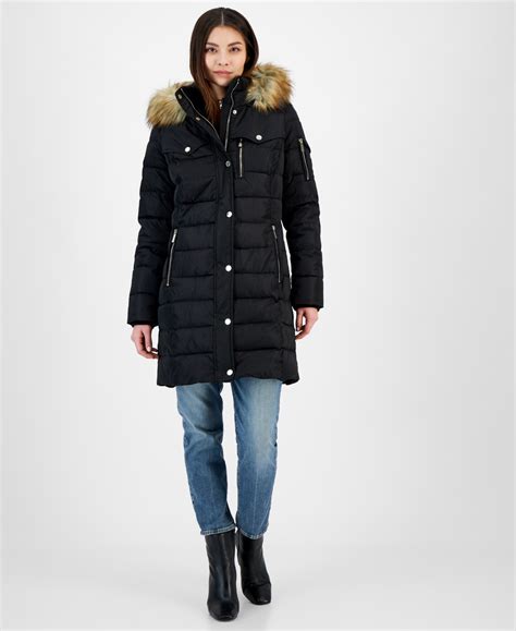 michael kors faux fur trim hooded puffer coat black